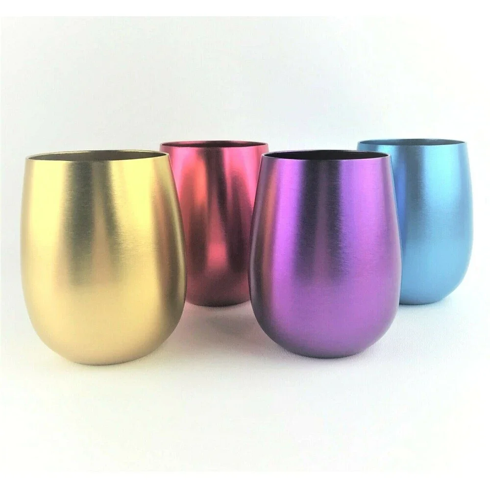 Retro Aluminum Stemless Wine Glasses - Set 4 - Unbreakable Metal Cups 19 oz MCM